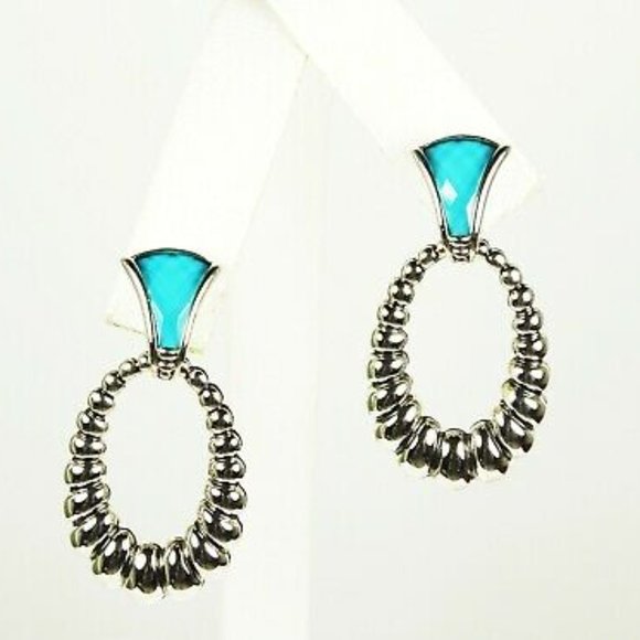 LAGOS Venus Link Oval Fluted Sterling Silver 18K Gold Post Turquoise Earrings - Picture 3 of 10